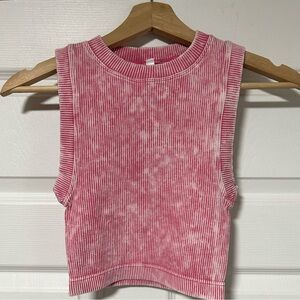 Stone Washed Ribbed Sleeveless Cropped Tank Top - Pink - S/M
